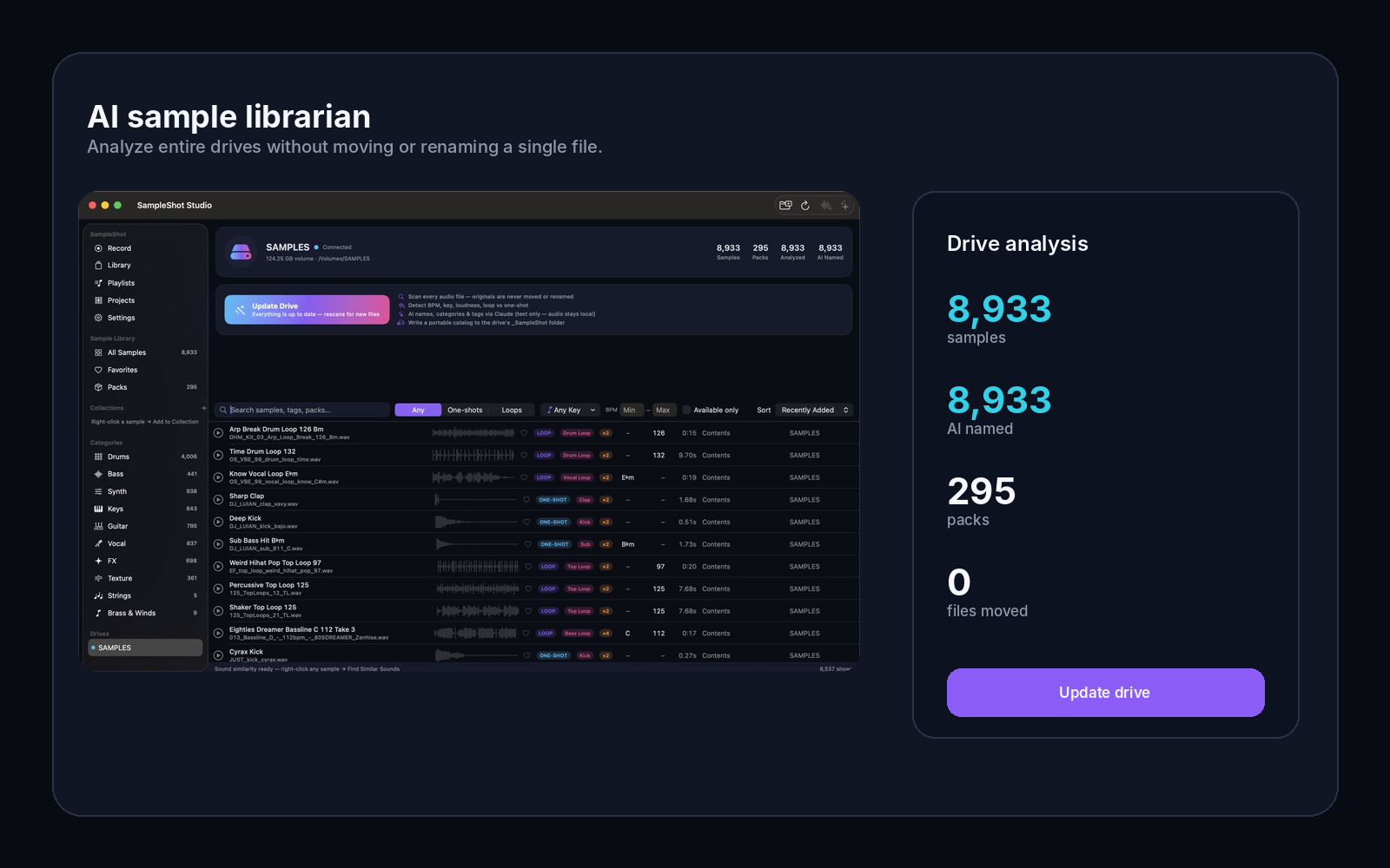 Drive analysis: 8,933 samples scanned, AI named and categorized, 0 files moved