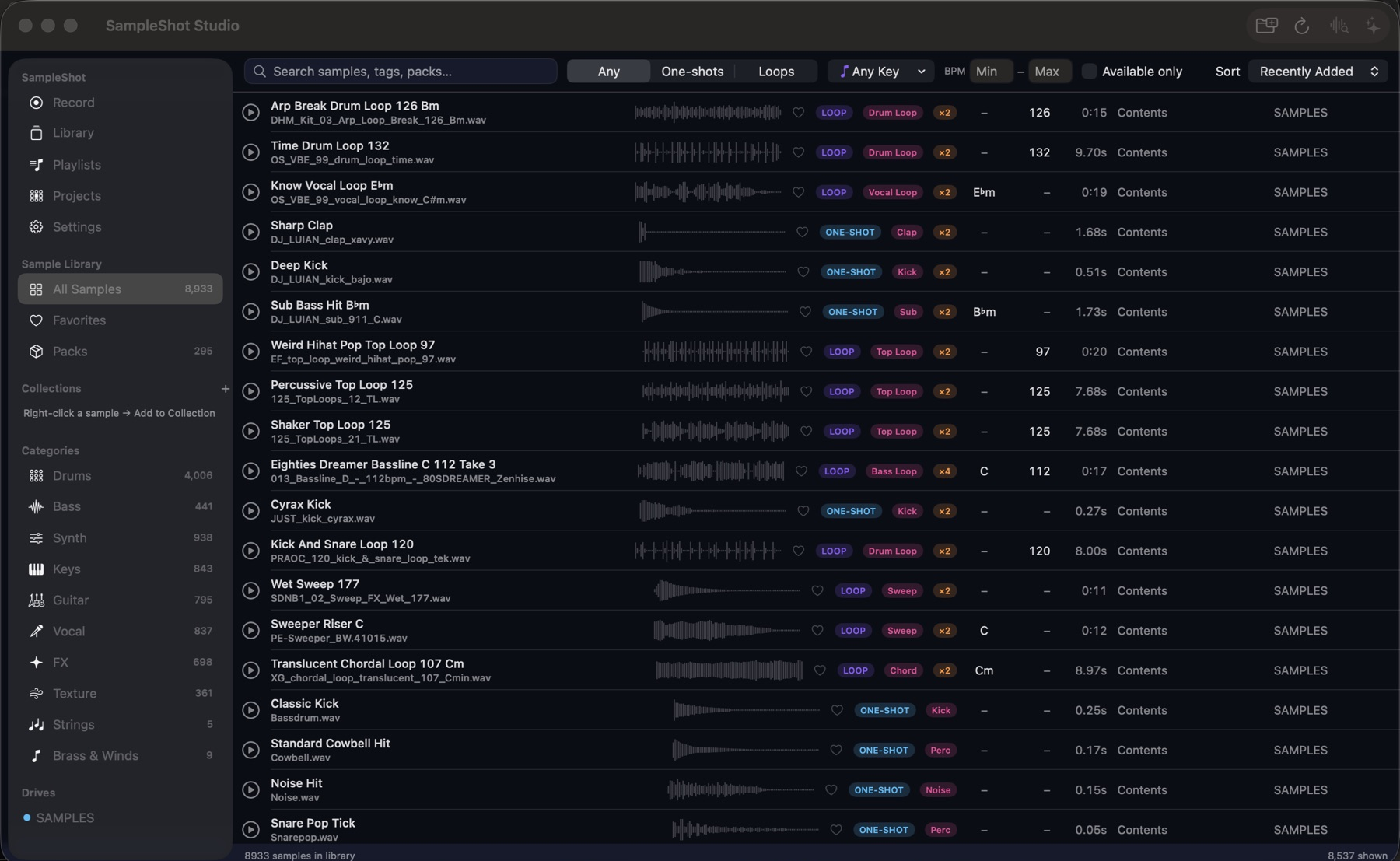 SampleShot Studio browser: thousands of AI-named samples with waveforms, loop and one-shot tags, keys and BPM