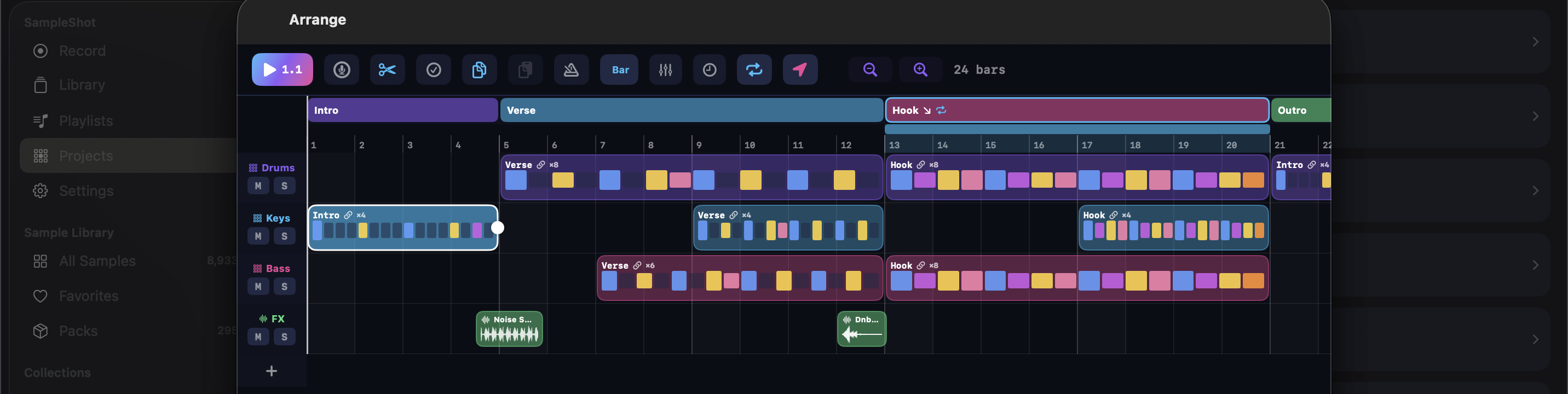 SampleShot's Arrange timeline: Drums, Keys, Bass and FX tracks with pattern clips across 24 bars, section markers for Intro, Verse, Hook and Outro