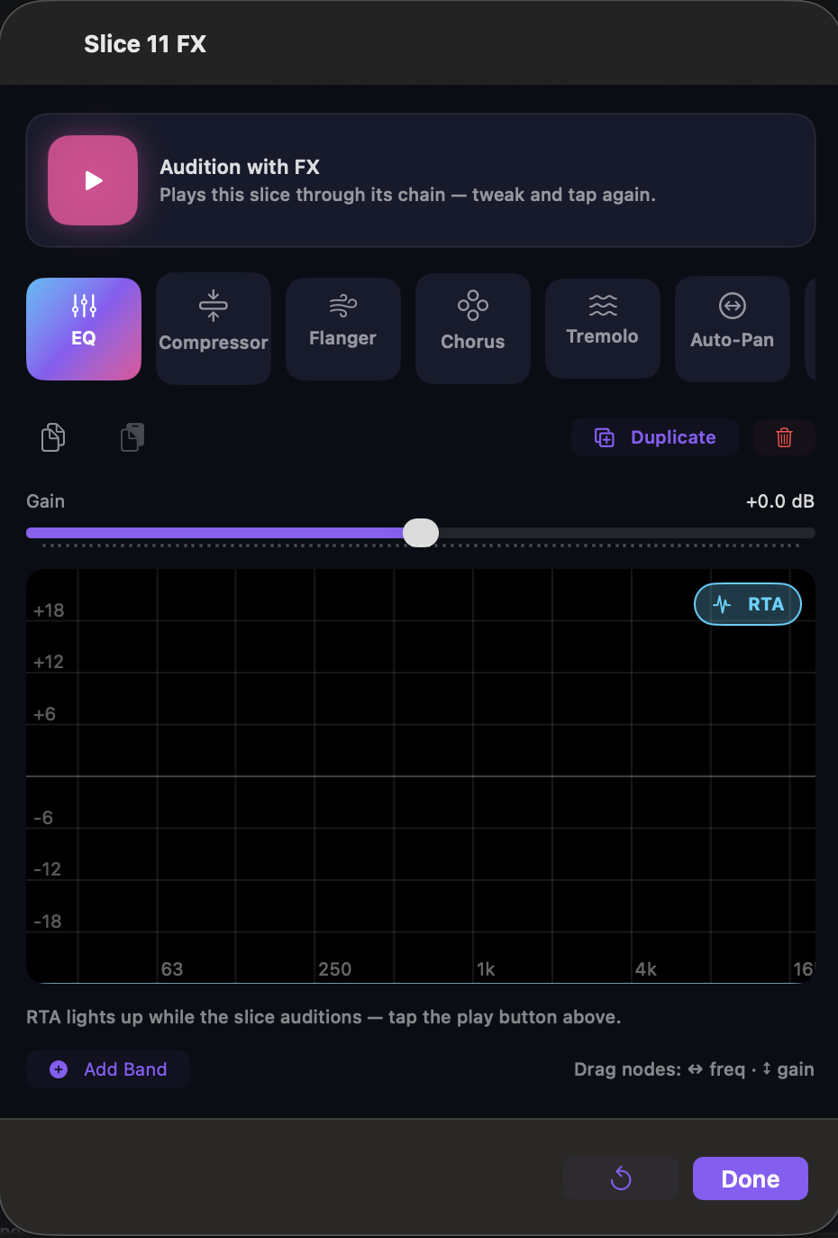 The Slice FX sheet: audition with FX, a chain of EQ, compressor, flanger, chorus, tremolo and auto-pan, and a parametric EQ with live analyzer