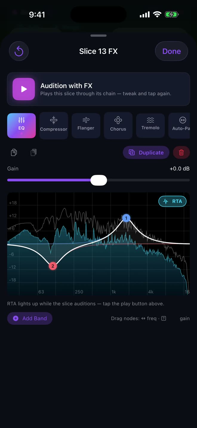 The Slice FX sheet on iPhone: EQ, compressor, flanger, chorus, tremolo and auto-pan, with a parametric EQ and live analyzer