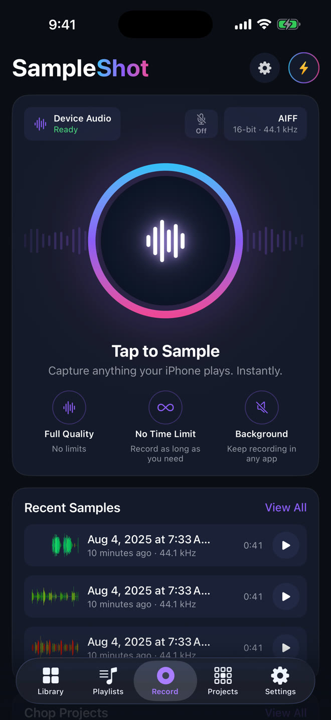 SampleShot on iPhone: Tap to Sample, device audio ready, full quality with no time limit, background recording