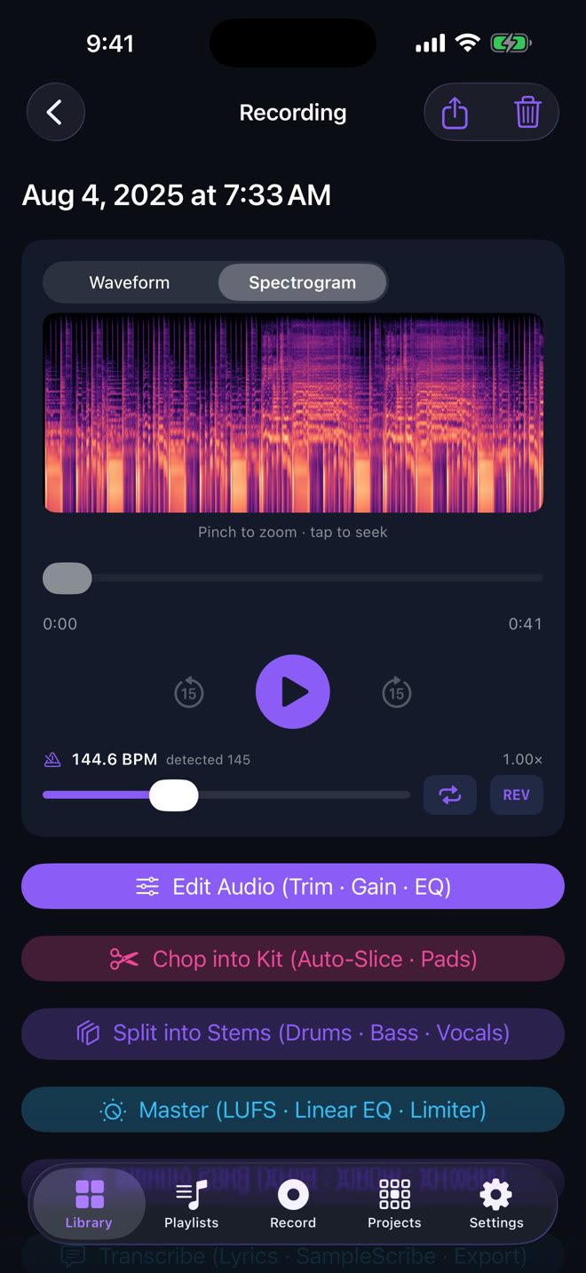 A recording on iPhone: its spectrogram in purple and orange heat colors, detected tempo, and buttons to edit, chop, split into stems or master it
