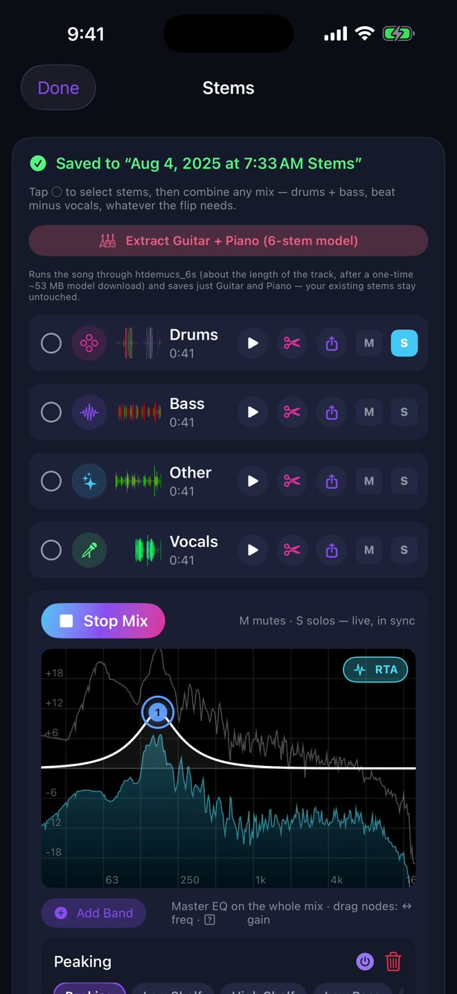 Four stems separated on iPhone — drums, bass, other, vocals — each with its own waveform, mute and solo
