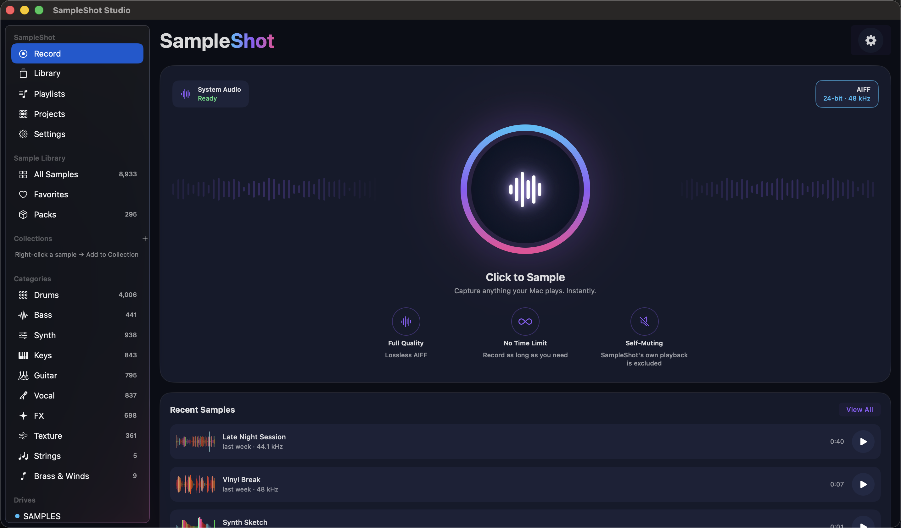 SampleShot Studio record screen: Click to Sample, system audio ready, lossless AIFF, no time limit