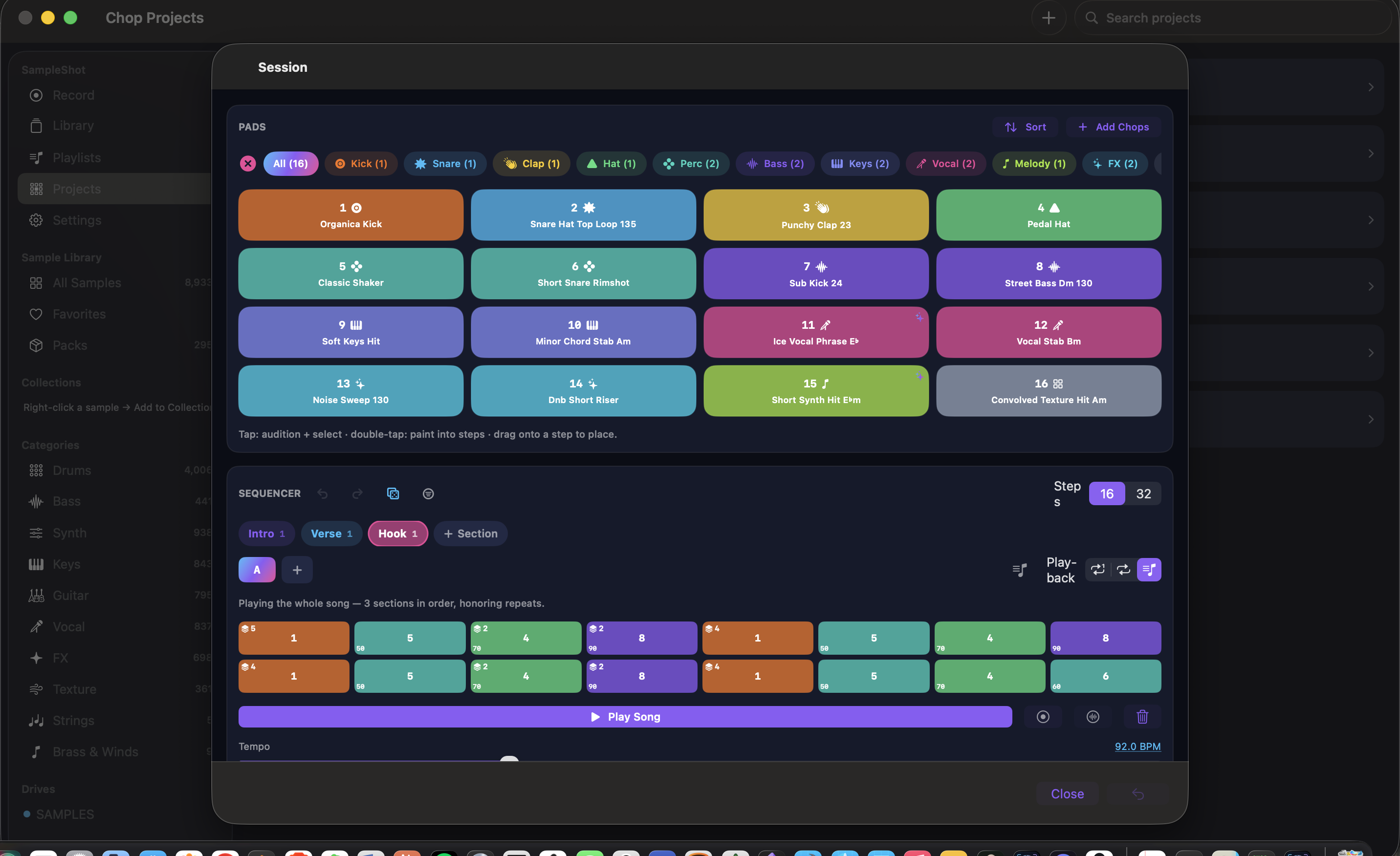 A SampleShot session: sixteen color-coded pads with AI-named samples and a dense step pattern