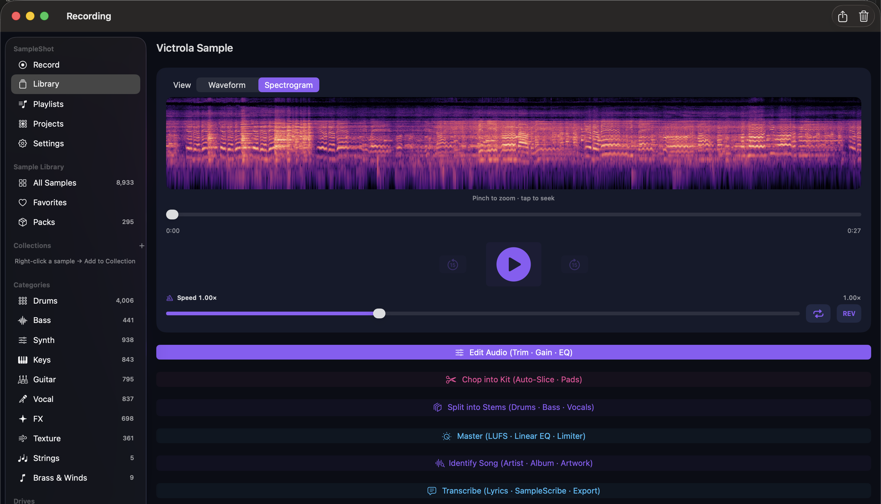 A recording's spectrogram view: frequency content over time in purple and orange heat colors, with playback and editing tools below